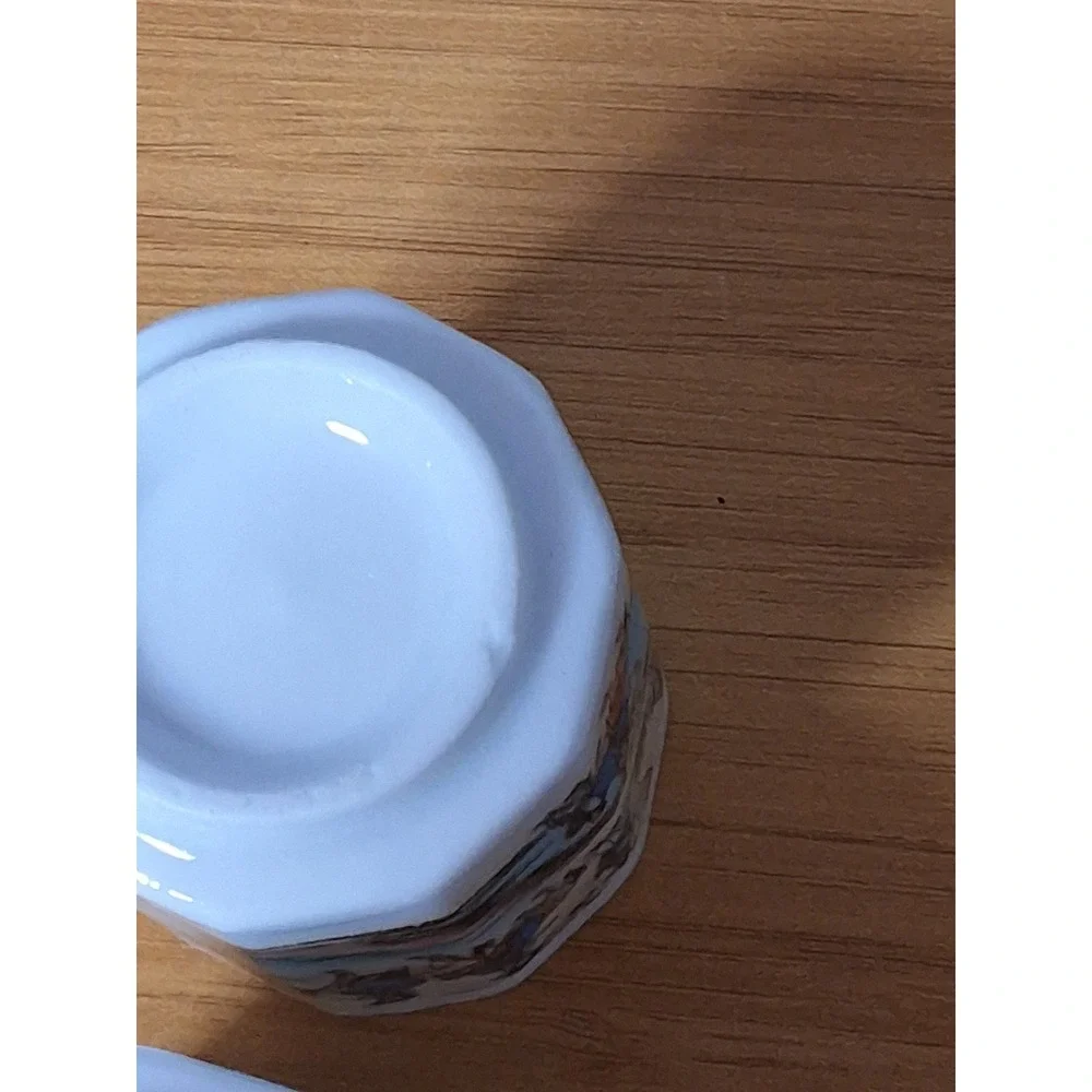 Vintage Korean Ceramic Sake Cups Set of 5 Faceted Porcelain Traditional Scenes